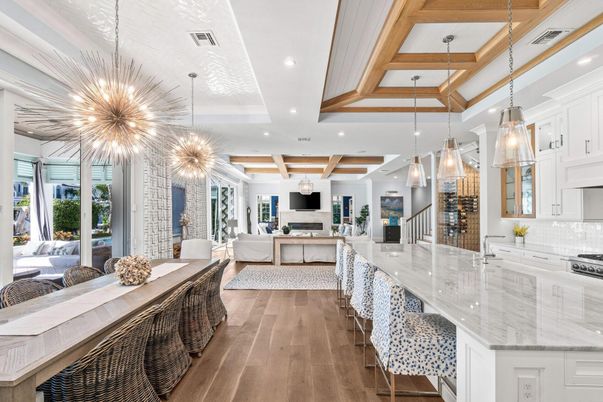 Interior, Kitchen, Living room, Pendant Lights, Recessed Lighting, Wooden Beams, Wood Texture Flooring