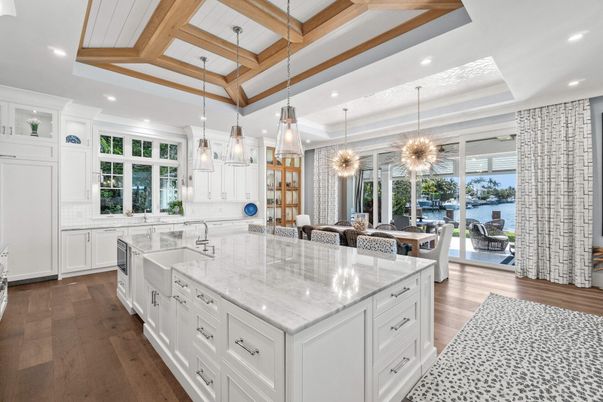 Dining room, Interior, Kitchen, Pendant Lights, Recessed Lighting, Water, Wooden Beams, Wood Texture Flooring