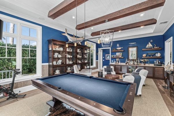 Billiard Table, Game Room, Interior, Pendant Lights, Recessed Lighting, Wooden Beams