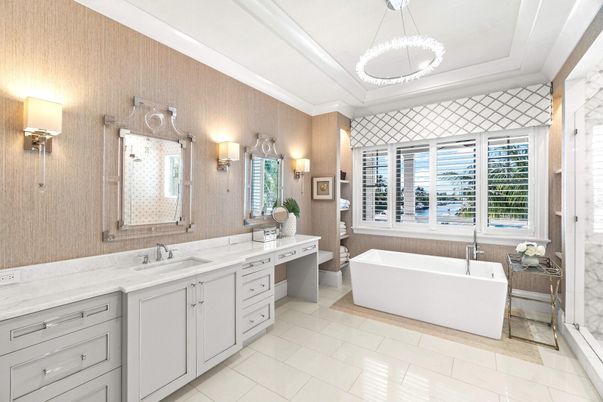 Bathroom, Dual Sink Vanities, Free Standing Baths, Interior, Pendant Lights