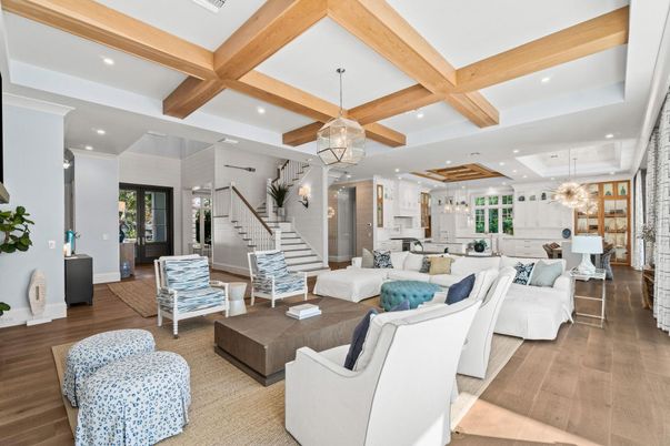 Interior, Kitchen, Living room, Pendant Lights, Recessed Lighting, Wooden Beams, Wood Texture Flooring