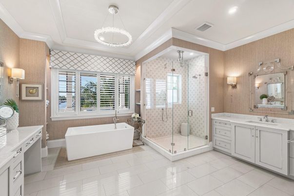 Bathroom, Dual Sink Vanities, Free Standing Baths, Glass Shower, Interior, Pendant Lights, Recessed Lighting