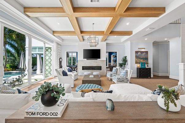 Fireplace, Interior, Living room, Recessed Lighting, Wooden Beams