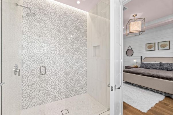 Bathroom, Bedroom, Glass Shower, Interior, Recessed Lighting, Wood Texture Flooring
