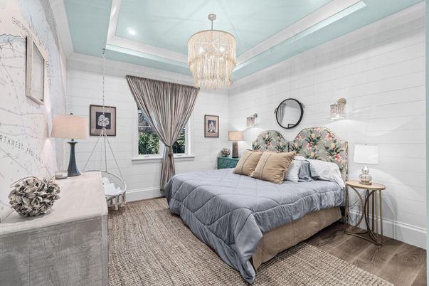 Bedroom, Chandelier, Interior, Recessed Lighting, Wood Texture Flooring