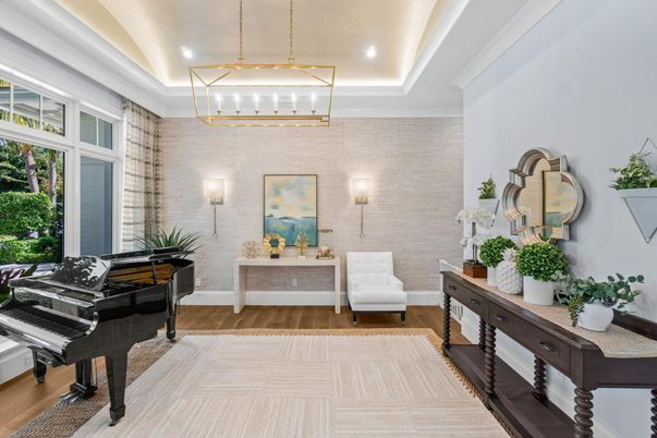 Interior, Pendant Lights, Piano, Recessed Lighting, Stone Walls, Wood Texture Flooring