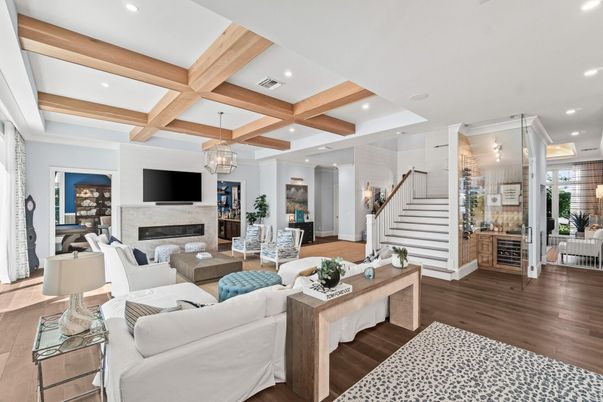 Fireplace, Interior, Living room, Pendant Lights, Recessed Lighting, Wooden Beams, Wood Texture Flooring