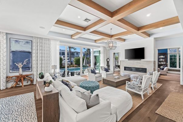 Fireplace, Interior, Living room, Pendant Lights, Recessed Lighting, Wooden Beams, Wood Texture Flooring