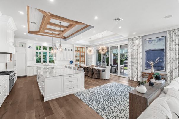 Chandelier, Dining room, Interior, Kitchen, Living room, Pendant Lights, Recessed Lighting, Wooden Beams, Wood Texture Flooring