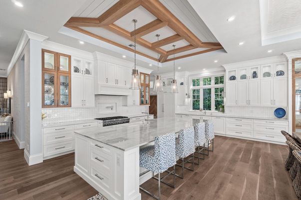 Interior, Kitchen, Pendant Lights, Recessed Lighting, Stainless Steel Appliances, Wooden Beams, Wood Texture Flooring