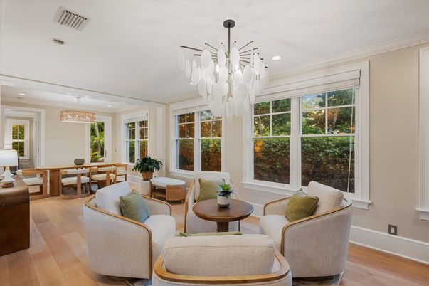Chandelier, Dining room, Interior, Living room, Pendant Lights, Recessed Lighting, Wood Texture Flooring