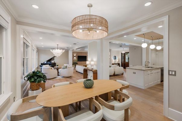 Chandelier, Dining room, Interior, Kitchen, Living room, Pendant Lights, Recessed Lighting, Wood Texture Flooring