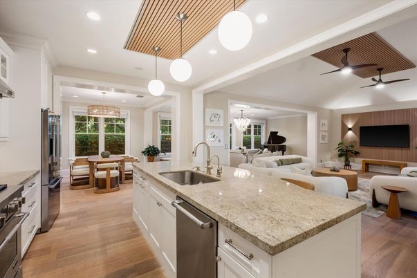Chandelier, Dining room, Interior, Kitchen, Living room, Pendant Lights, Recessed Lighting, Wood Texture Flooring