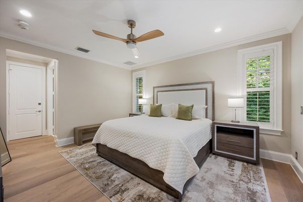 Bedroom, Interior, Recessed Lighting, Wood Texture Flooring