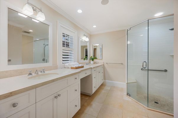 Bathroom, Dual Sink Vanities, Glass Shower, Interior, Recessed Lighting