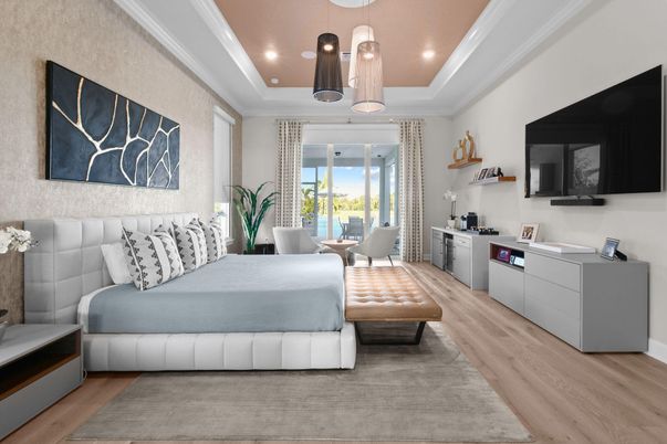 Bedroom, Interior, Pendant Lights, Recessed Lighting, Water, Wood Texture Flooring