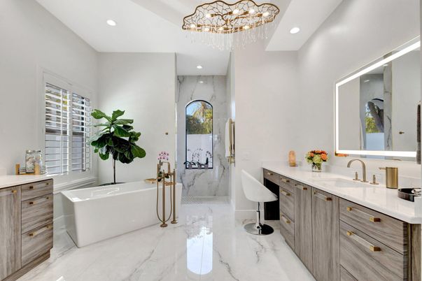 Bathroom, Chandelier, Free Standing Baths, Interior, Marble, Marble Walls, Recessed Lighting