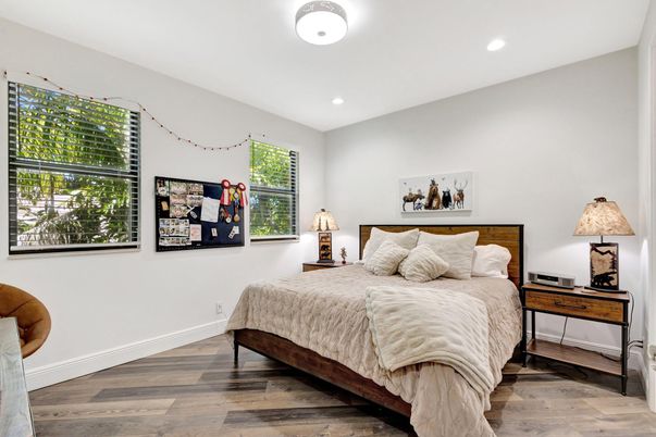 Bedroom, Interior, Recessed Lighting, Wood Texture Flooring
