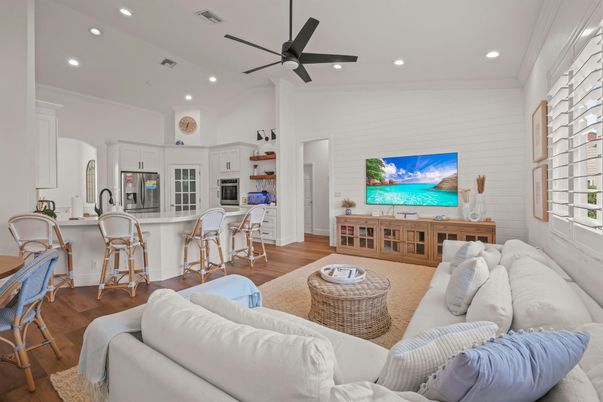 Interior, Kitchen, Living room, Recessed Lighting, Wood Texture Flooring