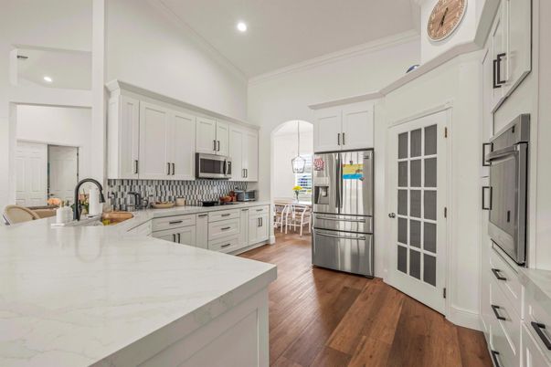 Interior, Kitchen, Pendant Lights, Recessed Lighting, Stainless Steel Appliances, Wood Texture Flooring