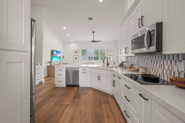 Interior, Kitchen, Recessed Lighting, Stainless Steel Appliances, Wood Texture Flooring