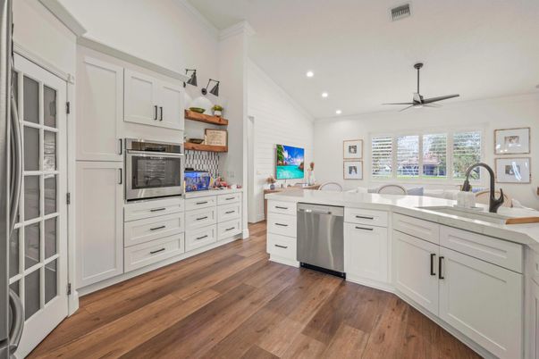 Interior, Kitchen, Recessed Lighting, Stainless Steel Appliances, Wood Texture Flooring