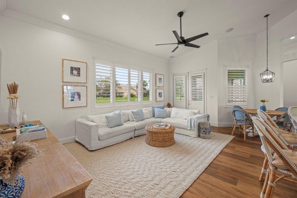 Dining room, Interior, Living room, Pendant Lights, Recessed Lighting, Wood Texture Flooring