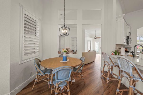 Dining room, Interior, Living room, Pendant Lights, Wood Texture Flooring