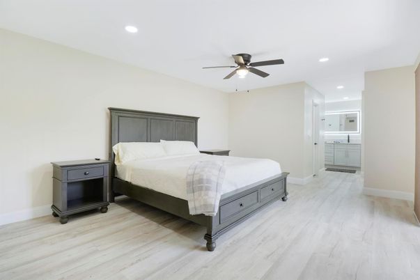 Bedroom, Interior, Recessed Lighting, Wood Texture Flooring