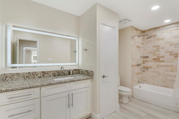 Bathroom, Interior, Recessed Lighting, Wood Texture Flooring