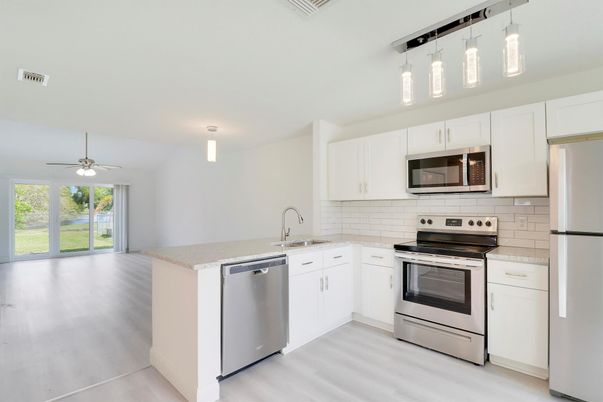 Interior, Kitchen, Pendant Lights, Stainless Steel Appliances, Wood Texture Flooring