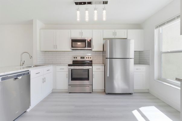Interior, Kitchen, Pendant Lights, Stainless Steel Appliances, Wood Texture Flooring