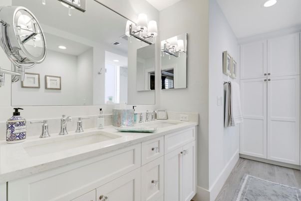 Bathroom, Dual Sink Vanities, Interior, Recessed Lighting, Wood Texture Flooring