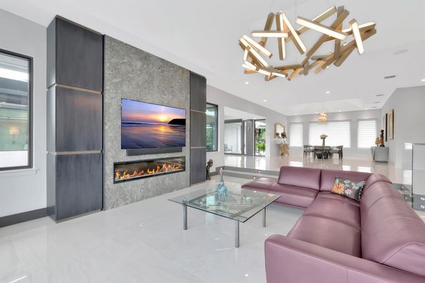 Chandelier, Dining room, Fireplace, Interior, Living room, Pendant Lights, Recessed Lighting
