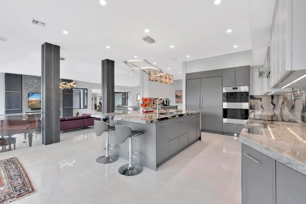 Fireplace, Interior, Kitchen, Living room, Pendant Lights, Recessed Lighting, Stainless Steel Appliances