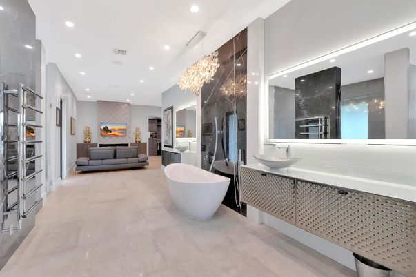 Bathroom, Chandelier, Dual Sink Vanities, Free Standing Baths, Interior, Recessed Lighting