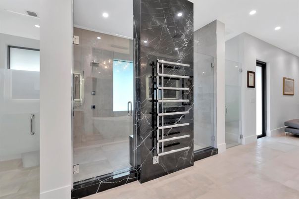 Bathroom, Glass Shower, Interior, Marble Walls, Recessed Lighting