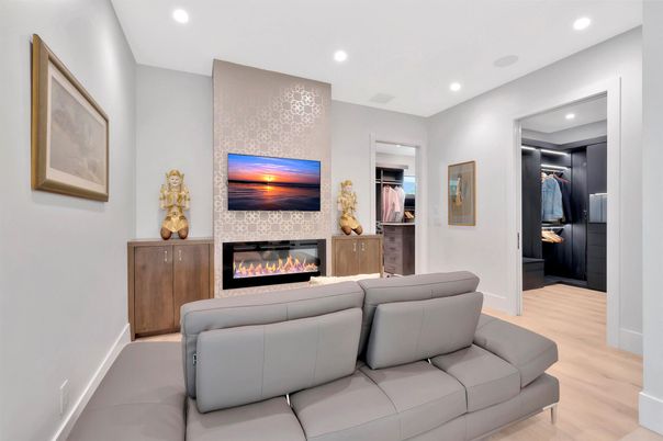 Fireplace, Interior, Living room, Recessed Lighting, Wood Texture Flooring