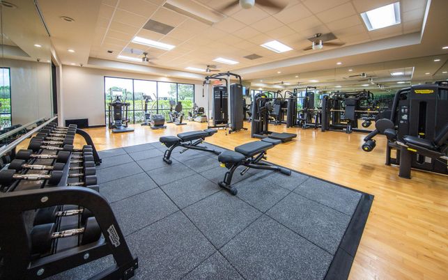 Fitness Equipment, Gym, Interior, Recessed Lighting, Wood Texture Flooring