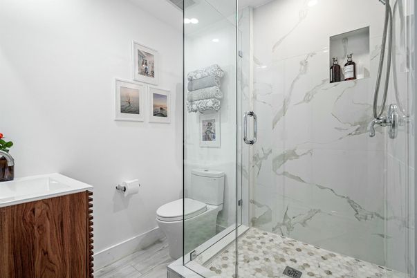Bathroom, Glass Shower, Interior, Marble Walls, Recessed Lighting