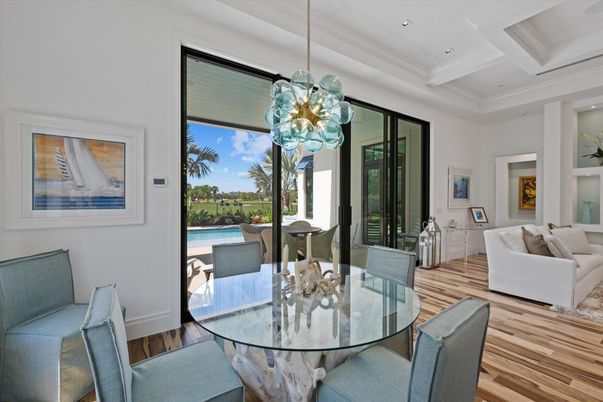 Dining room, Interior, Living room, Pendant Lights, Recessed Lighting, Wood Texture Flooring