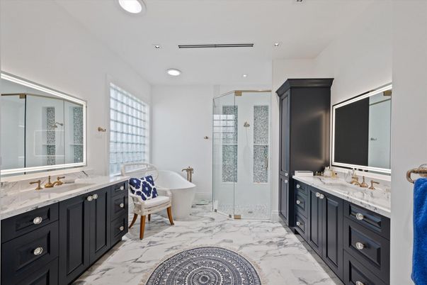 Bathroom, Dual Sink Vanities, Free Standing Baths, Glass Shower, Interior, Marble, Recessed Lighting