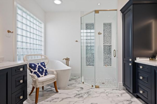 Bathroom, Free Standing Baths, Glass Shower, Interior, Marble, Recessed Lighting