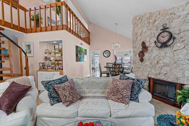 Dining room, Fireplace, Interior, Living room, Pendant Lights, Recessed Lighting, Stone Walls