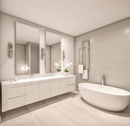 Bathroom, Dual Sink Vanities, Free Standing Baths, Interior, Wood Texture Flooring