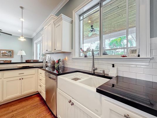 Interior, Kitchen, Pendant Lights, Recessed Lighting, Tile Countertops, Wood Texture Flooring