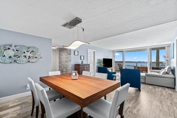 Dining room, Interior, Living room, Pendant Lights, Water, Wood Texture Flooring