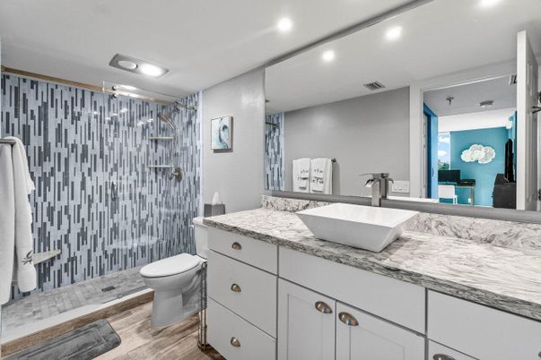 Bathroom, Glass Shower, Interior, Recessed Lighting, Wood Texture Flooring