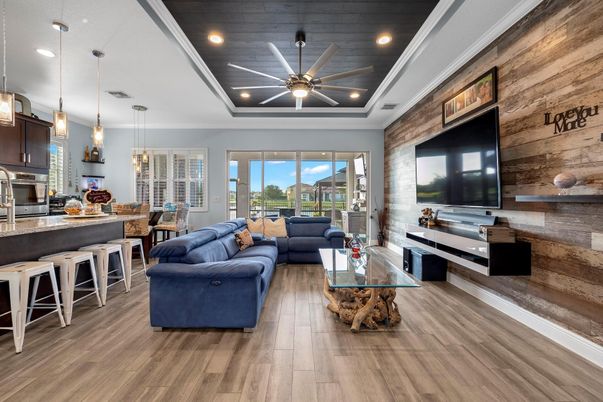 Interior, Kitchen, Living room, Pendant Lights, Recessed Lighting, Stainless Steel Appliances, Wood Texture Flooring, Wooden Walls