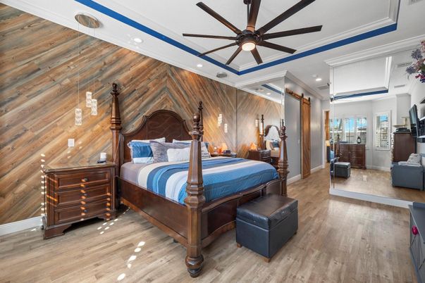 Bedroom, Interior, Recessed Lighting, Wood Texture Flooring, Wooden Walls